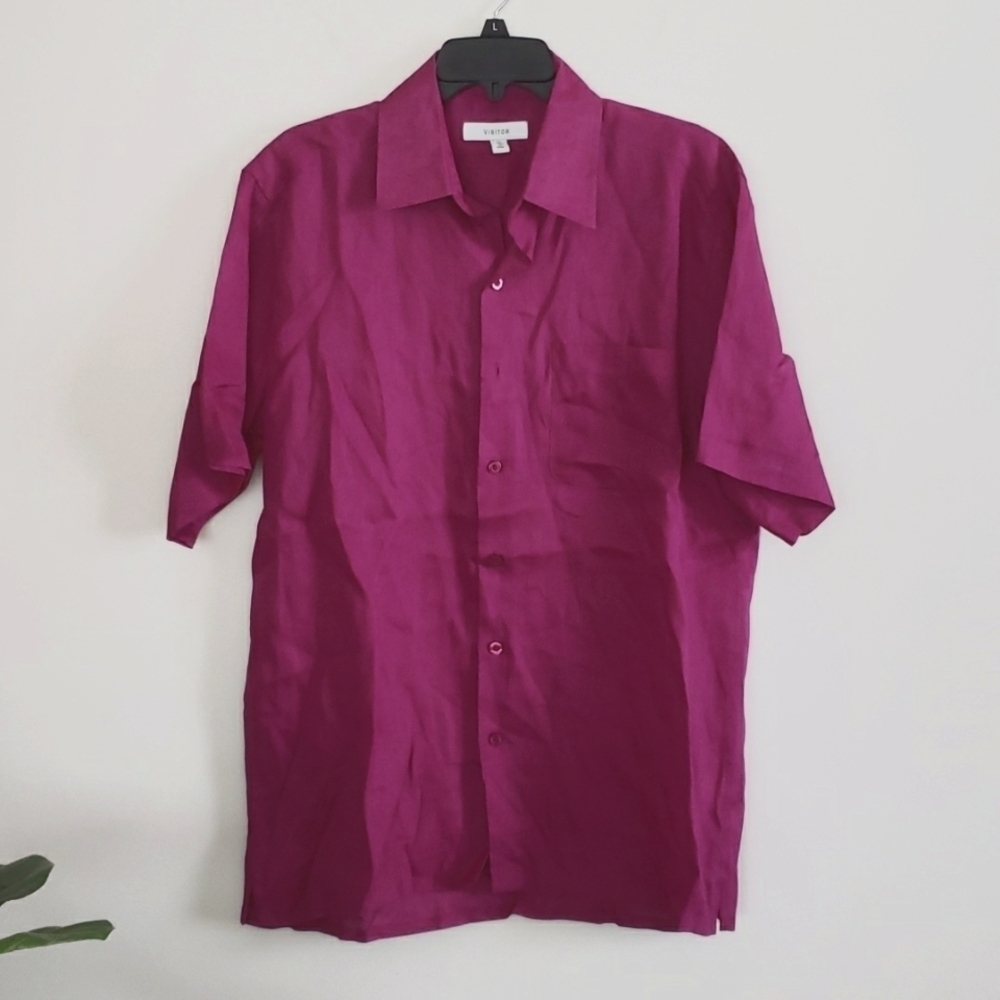 Visitor linen purple button down shirt, women's size large.